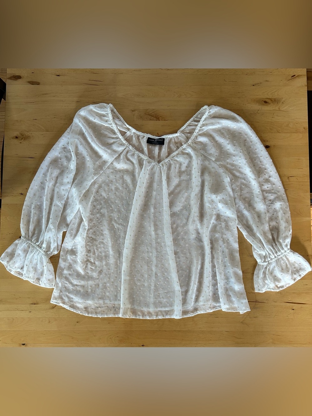 Lane Bryant White Gold Sheer Clip Dot Peasant Blouse 18/20 Bell Sleeve